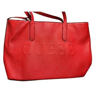 GUESS Red Logo Tote Bag Large Structured Shoulder Handbag Y2K